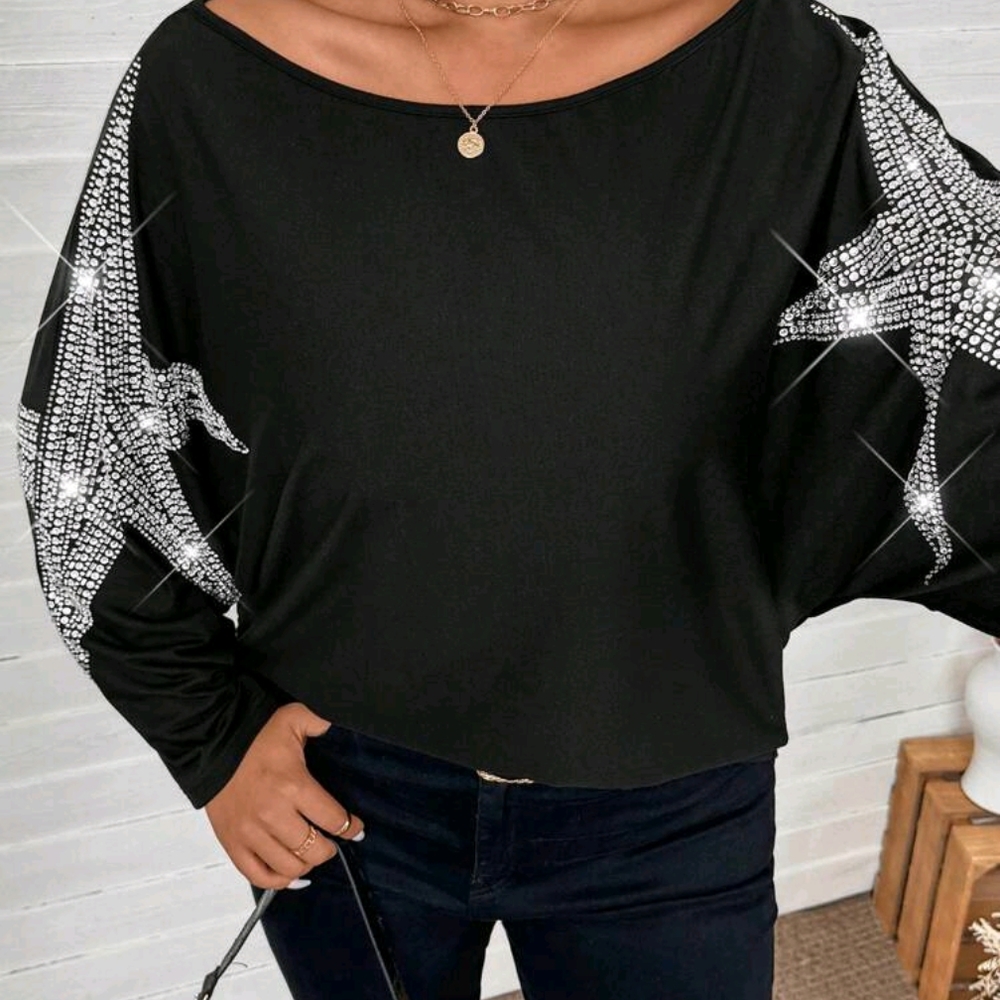 NEW Black Oversized Embellished Blouse Large - Picture 2 of 3